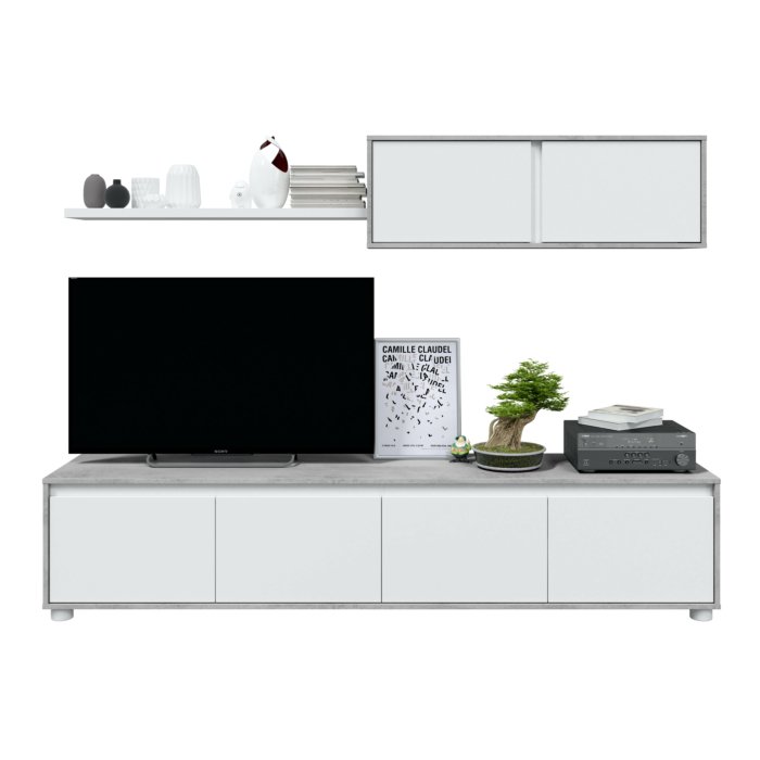 Alida Parete attrezzata soggiorno moderna mobile TV CEMENTO e BIANCO 200 X 41 X 43 cm