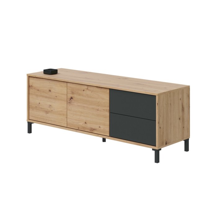 Mobile porta TV moderno 2 ante e 2 cassetti in Rovere Nodi e Antracite 130 X 41 X 47 cm